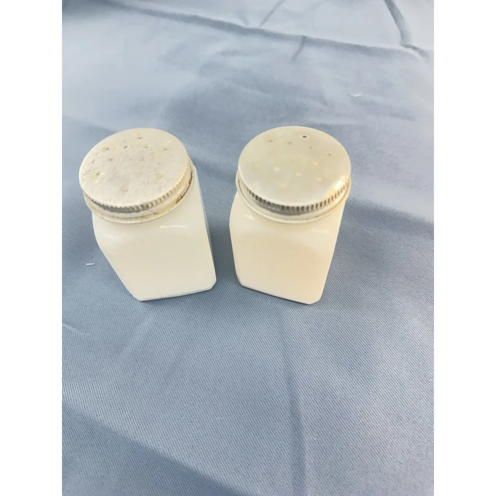 Antique White Glass Salt & Pepper Shakers Set Refillable Silver Metal Tops 4.25